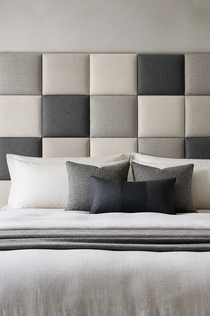 A king headboard made of alternating fabric blocks. Each block is slightly raised like a padded cube, arranged in a grid with straight stitched lines outlining each section.