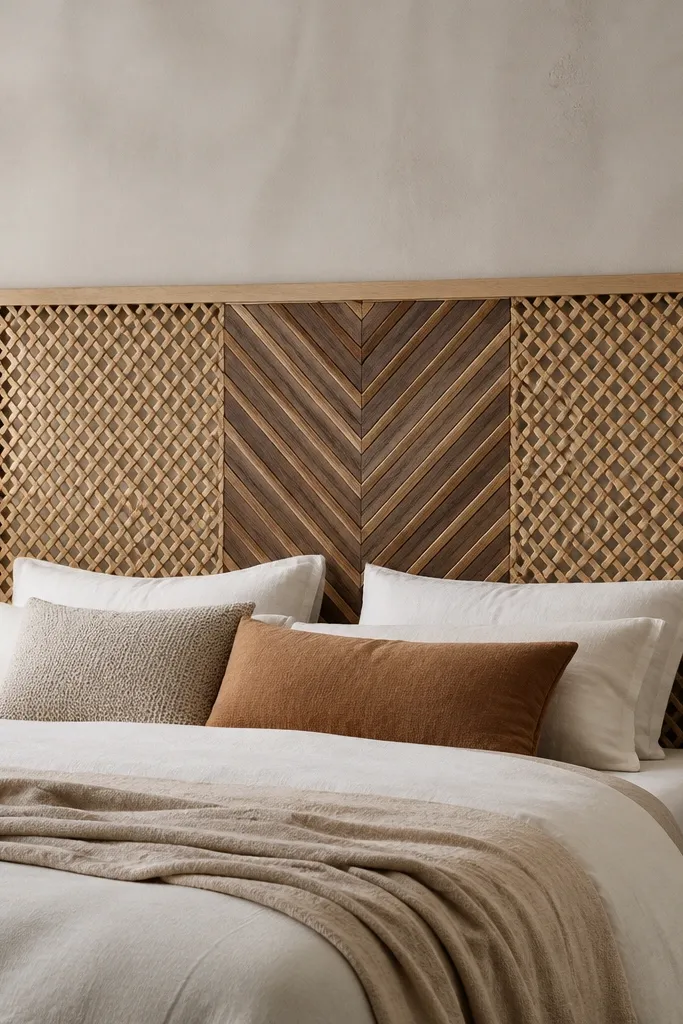 A king headboard with a lattice pattern made from thin wood strips. The center has a chevron accent in a darker stain, framed by lighter wood lattice.