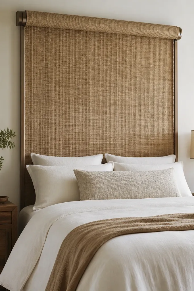 A headboard that looks like a tall roller shade. It uses rattan or woven panels rolled into a rectangular shape, mounted to a simple top rail and side supports.