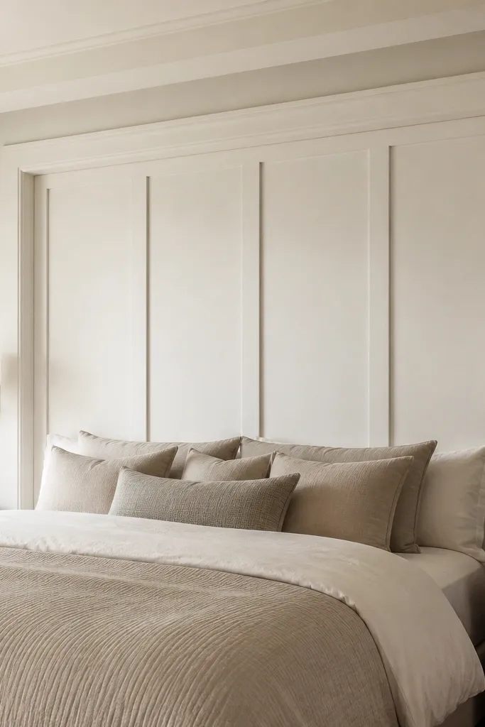 A wall-mounted headboard area with flat panels. It looks built into the wall with a thick trim border, and the inner panels are painted a soft off-white for a clean architectural feel.