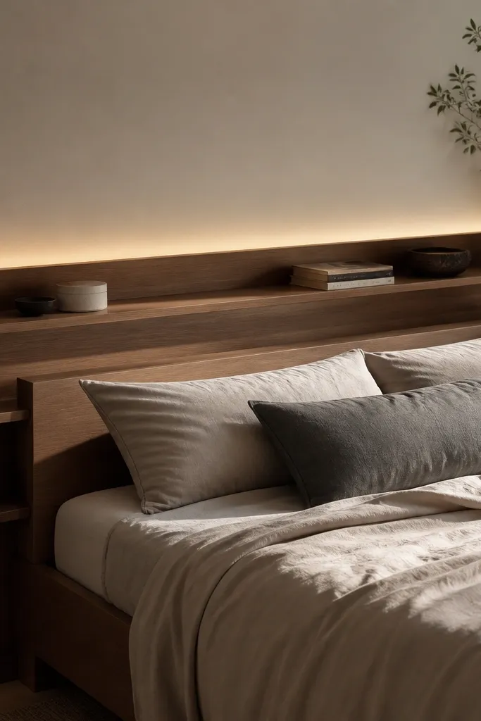 A king headboard made of layered wood shelves. There's a slim open shelf row across the top and a hidden LED strip glowing behind a thin back rail.
