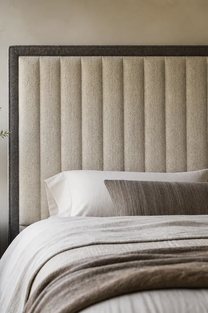 A king headboard panel covered in thick felted wool. Vertical stitch lines run from top to bottom, and the edges are wrapped with a darker felt border.