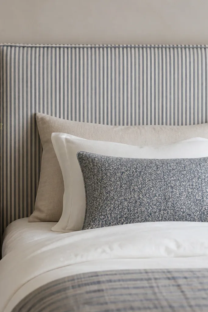 A king headboard upholstered in classic ticking stripe fabric, white and muted blue/red depending on the version. The perimeter has a matching piping trim and the top edge is straight and firm.
