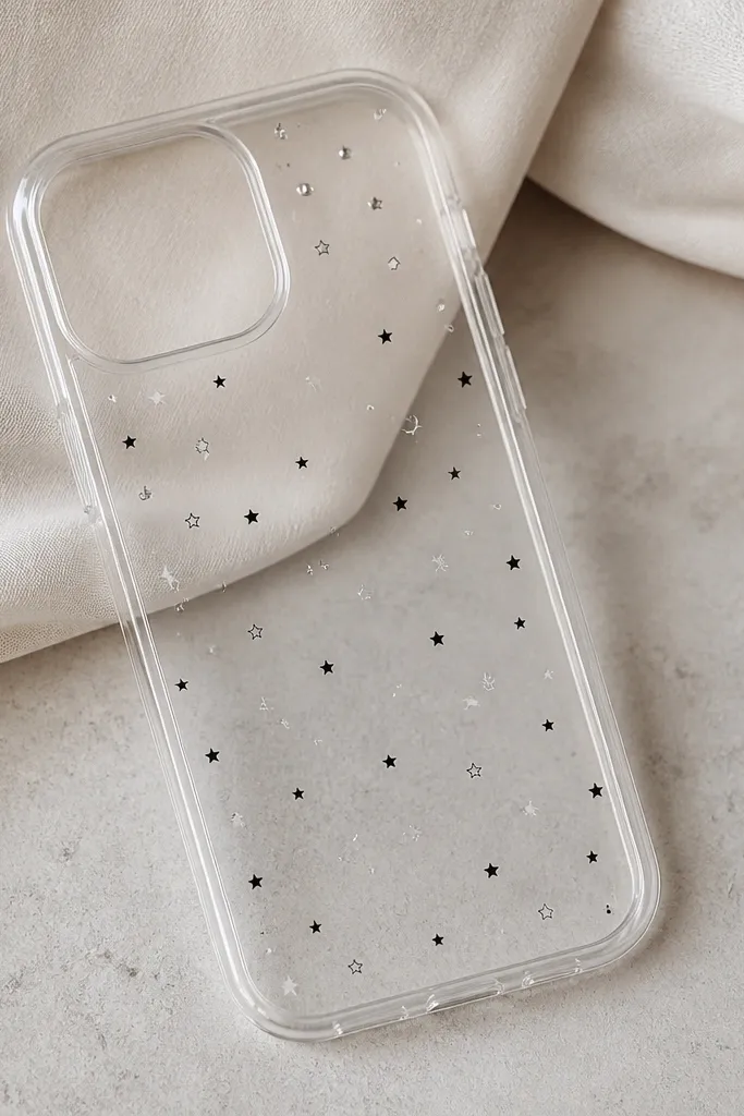 A clear phone case with tiny black-and-white star shapes scattered across the back, with a few silver dots near the top left; the camera area is left clean with a crisp cutout.