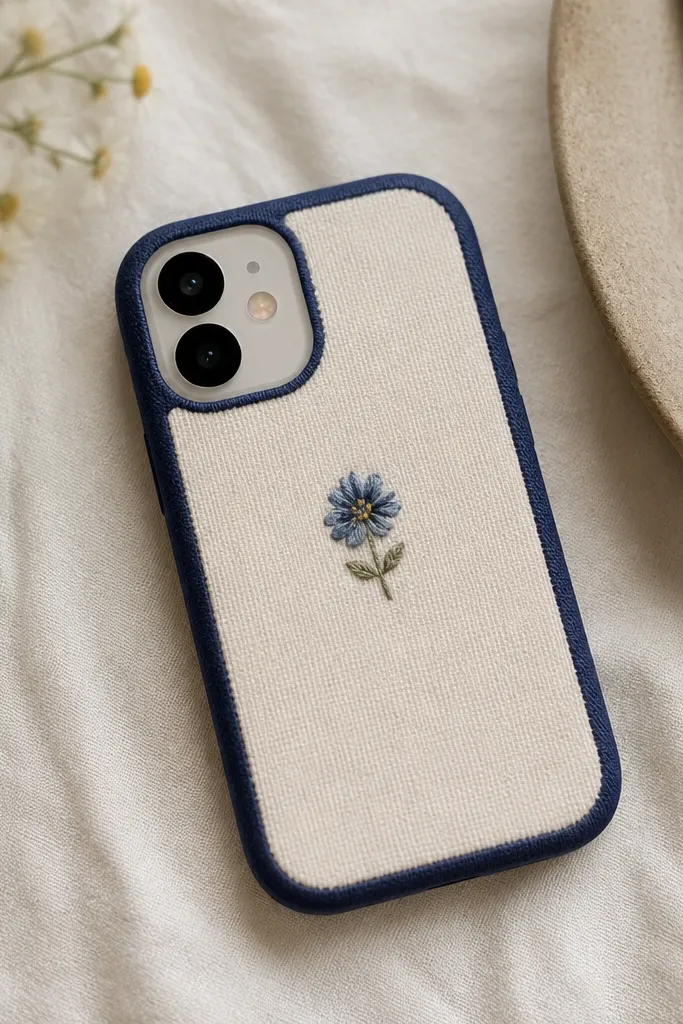A phone back covered in soft cotton fabric with a neat patch-like border in navy, and a small embroidered flower near the center; edges are smooth and rounded.