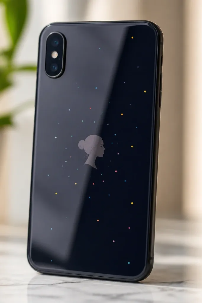 A glossy phone back with a small portrait silhouette in the center, surrounded by tiny colored dots; the surface looks sealed and reflective.