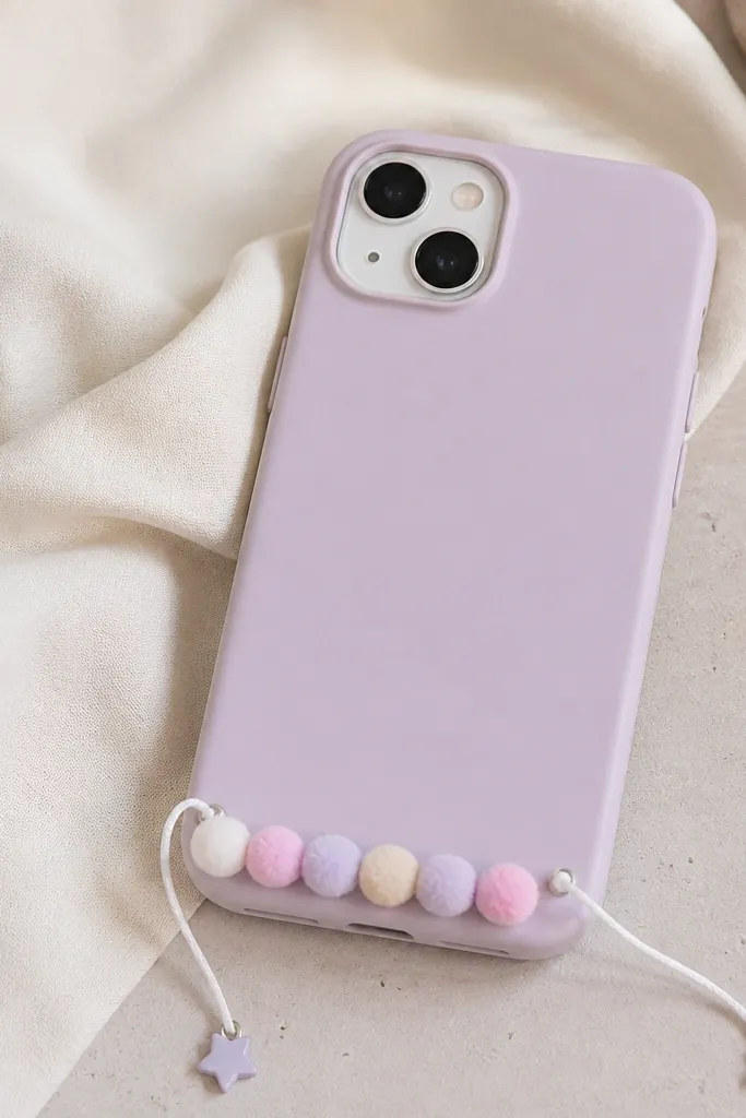 A pastel phone cover with a line of tiny pom-poms across the bottom edge, with a thin white cord and small star charms.