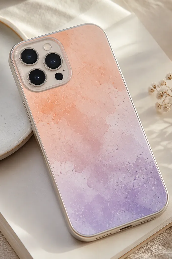 A soft watercolor gradient on the phone back: dusty peach fading into light lavender, with faint splatter marks sealed under clear film.