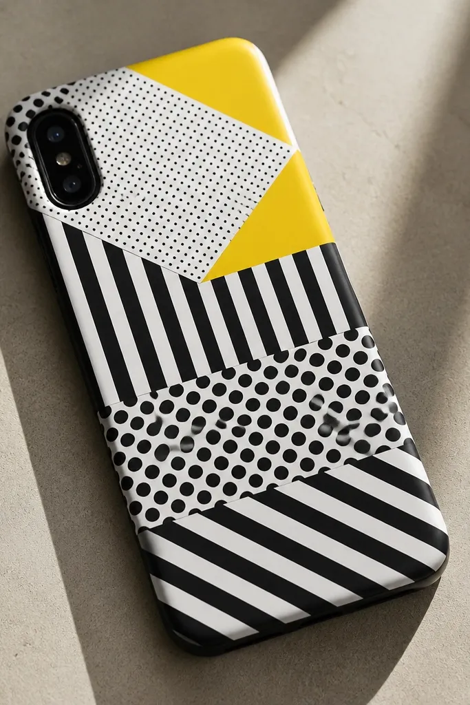 A phone back with bold halftone stripe patterns made from black-and-white tape, plus two bright yellow triangles near the top.