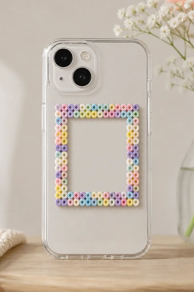 A clear phone case showing a square frame made of tiny perler beads around the back center, with a blank area in the middle.