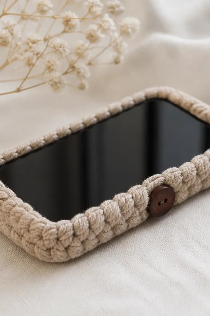 A phone cover with a textured chunky yarn cuff wrapping around the edges like a bracelet, with a small contrasting button on the side.