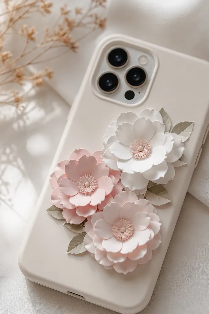 A phone back featuring a cluster of three paper flowers in white and pale pink, with layered petals that cast small shadows.