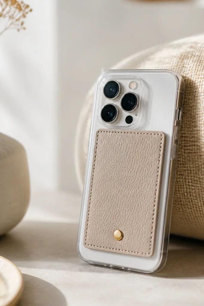 A clear phone case with a faux leather rectangle on the back, stamped with a simple name and a small gold rivet look sticker.