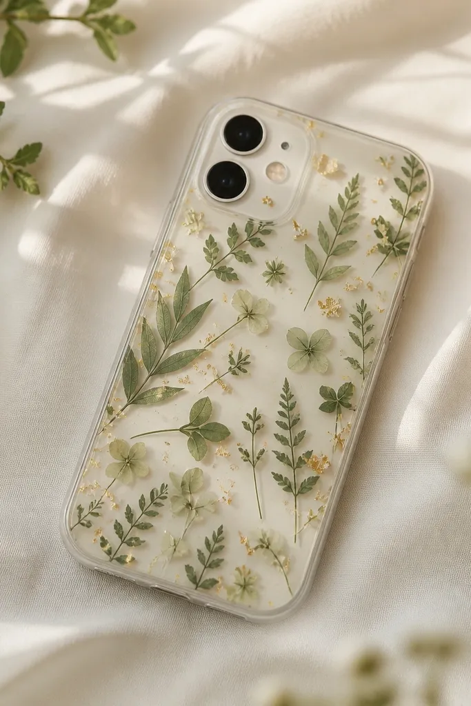A phone back with tiny pressed leaves in muted green, laid flat under a clear glossy film, with a few gold foil flecks.