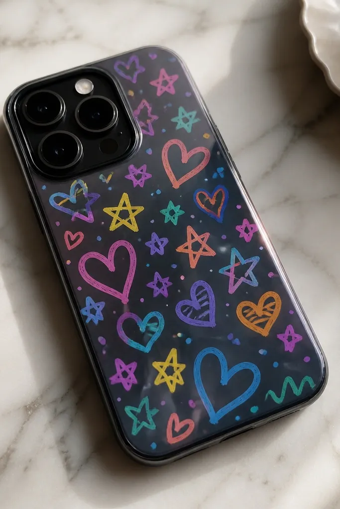 A matte phone back with bright gel pen doodles: hearts, stars, and squiggles, sealed under a clear laminate that shows slight gloss.