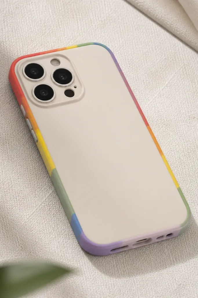 A phone cover with a rainbow stripe wrap along the sides, using thin bias tape colors and a clean solid back.