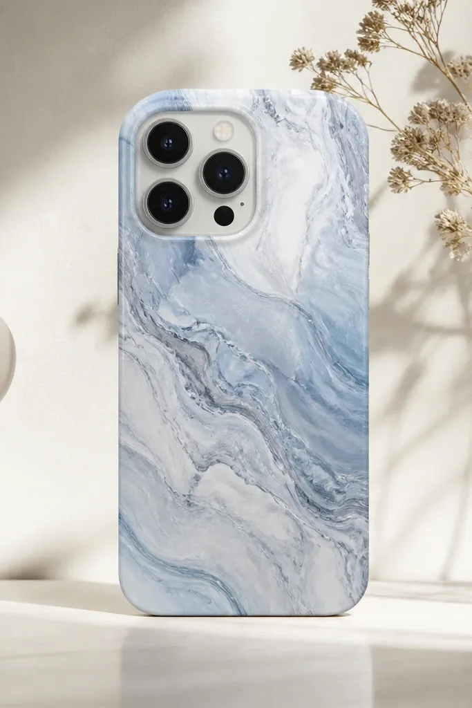 A marbled pattern phone back in pale blue, white, and gray, with perfectly rounded corners and a glossy finish.