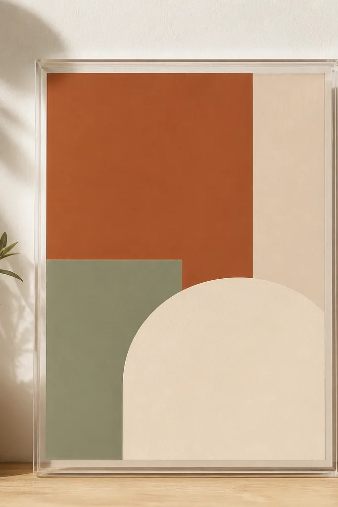 A clear case with matte acrylic blocks in terracotta, sage, and cream, arranged like a simple geometric poster.