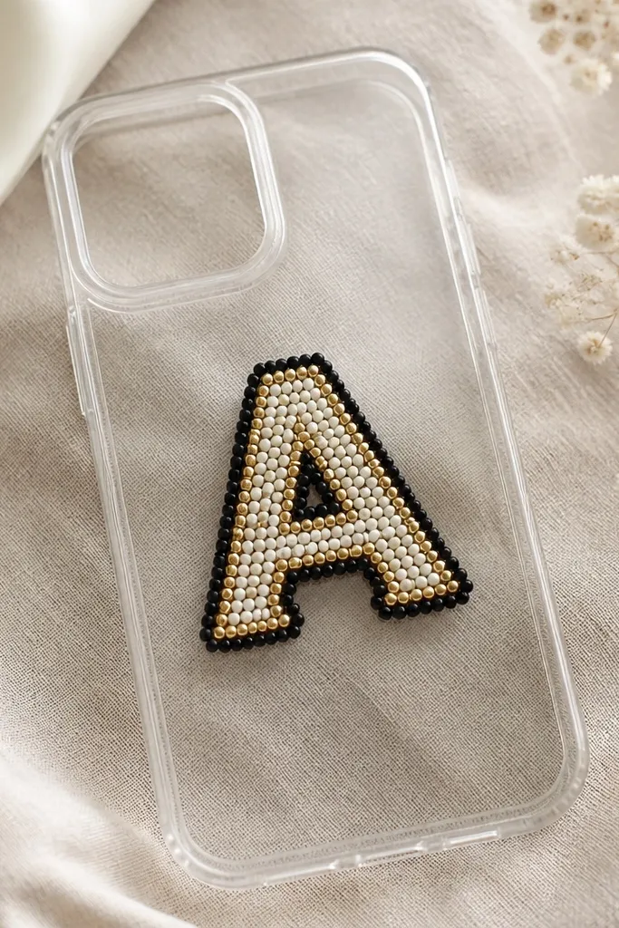 A clear phone case with a single letter initial made from micro seed beads in gold and white, with a tiny border of black beads.