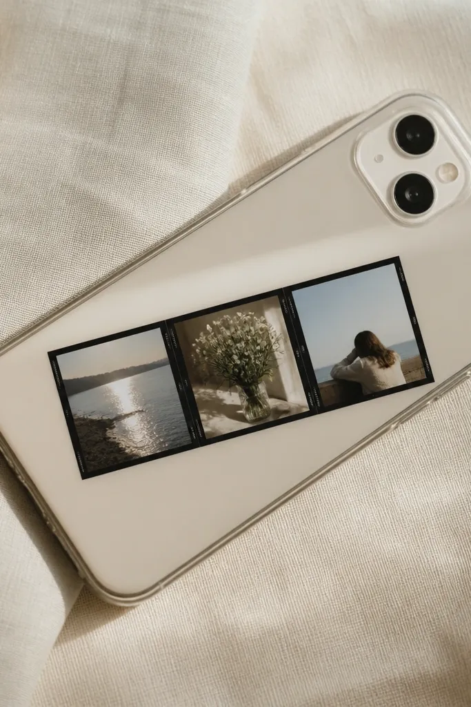 A phone back with a horizontal strip of three small photos, each with black film borders and tiny caption text, sealed under gloss.