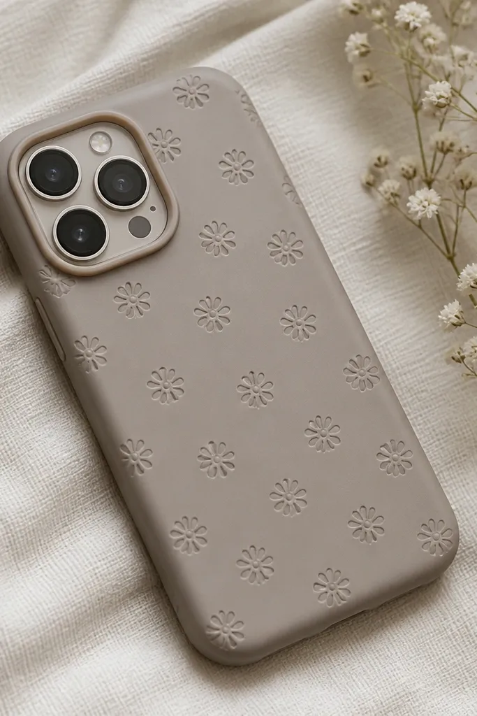 A phone back with repeating stamped flowers in soft gray, spaced evenly, with a smooth protective finish.