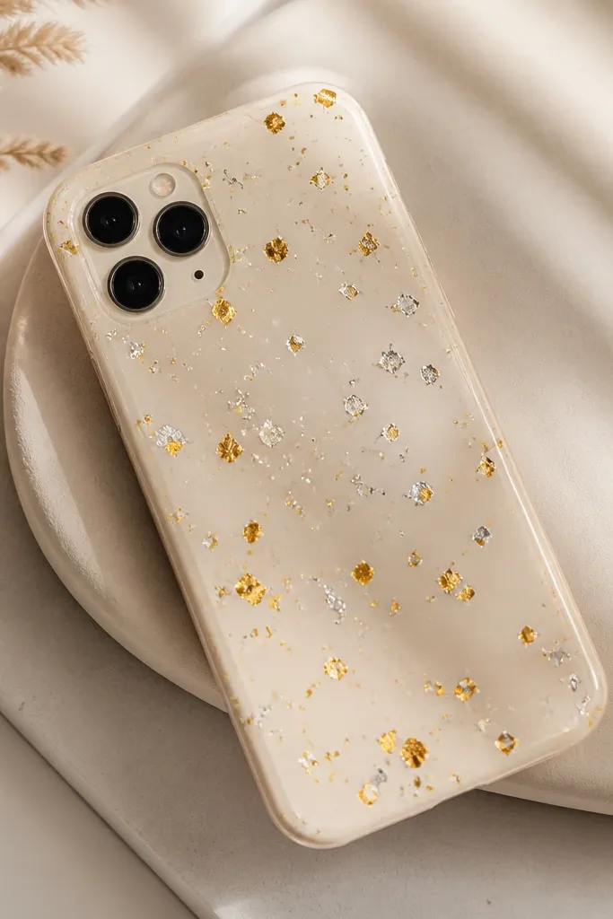A phone back with scattered gold and silver foil confetti dots, placed on a soft beige base, with a smooth sealed shine.