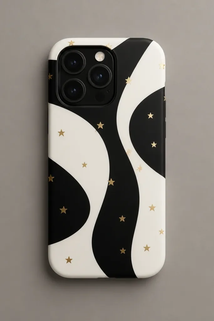 A phone back with bold vinyl letters in black and white, plus tiny star sprinkles in gold, all lying flat on a smooth matte background.