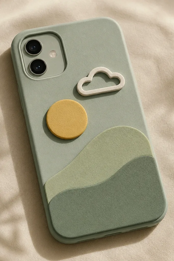 A phone back with layered foam cutouts: a small hill, a sun circle, and a tiny cloud outline, stacked with visible depth.