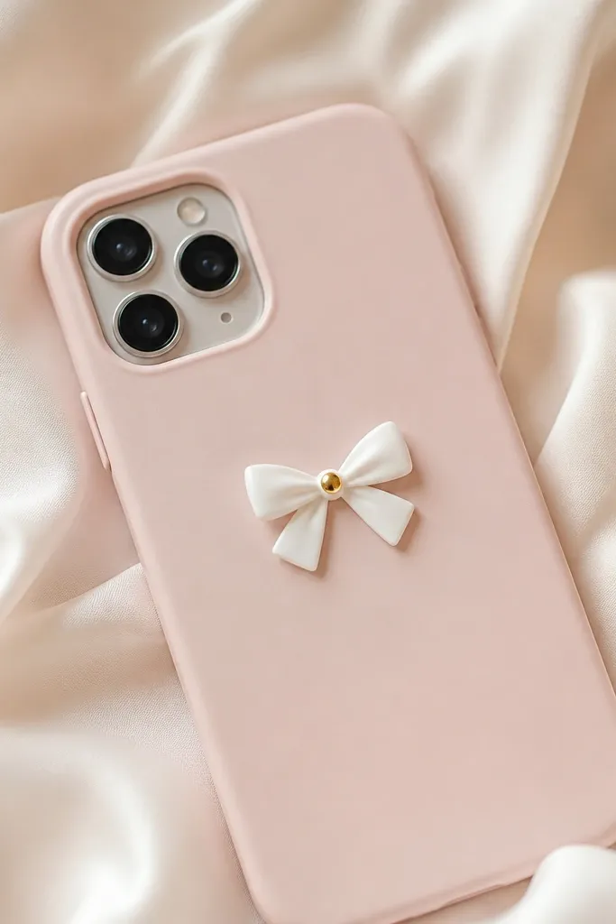 A solid pastel phone cover with a centered ribbon bow in white, with two small loops and a tiny gold dot in the middle.