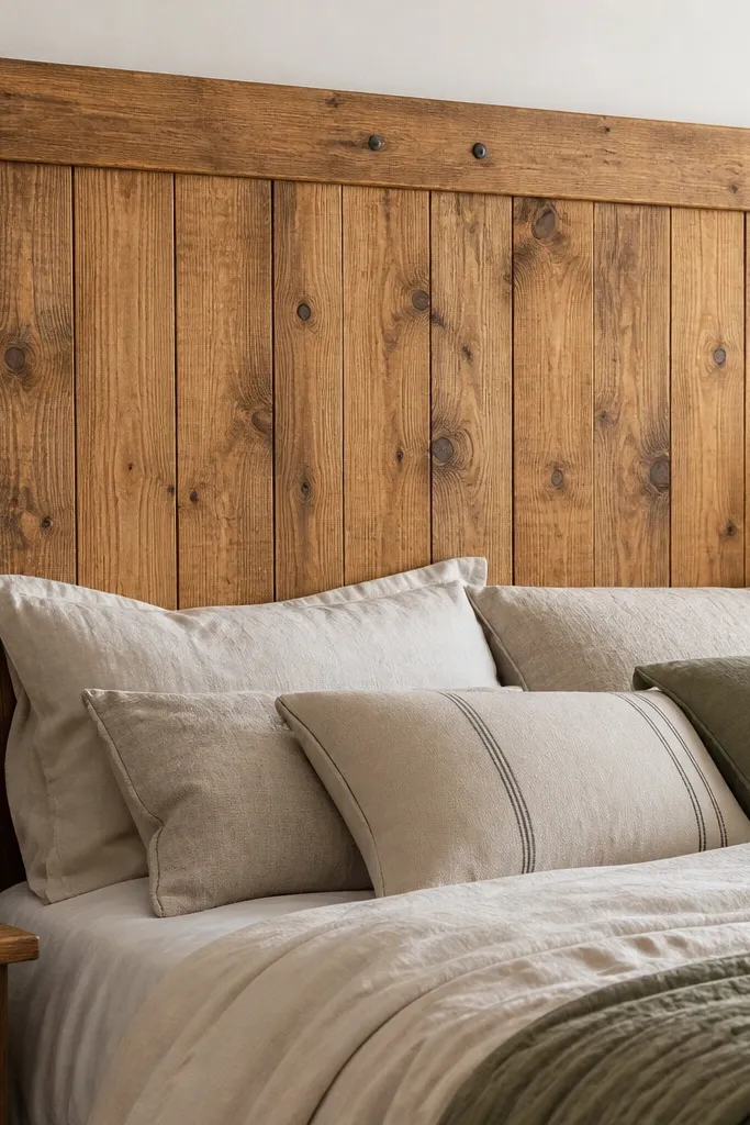 A tall headboard made from wide pine boards arranged vertically inside a simple rectangular frame. The wood looks weathered with a warm honey stain, and the top rail is slightly wider than the sides. The surface shows natural grain and a few darker knots, with matte black screws visible along the frame edges.