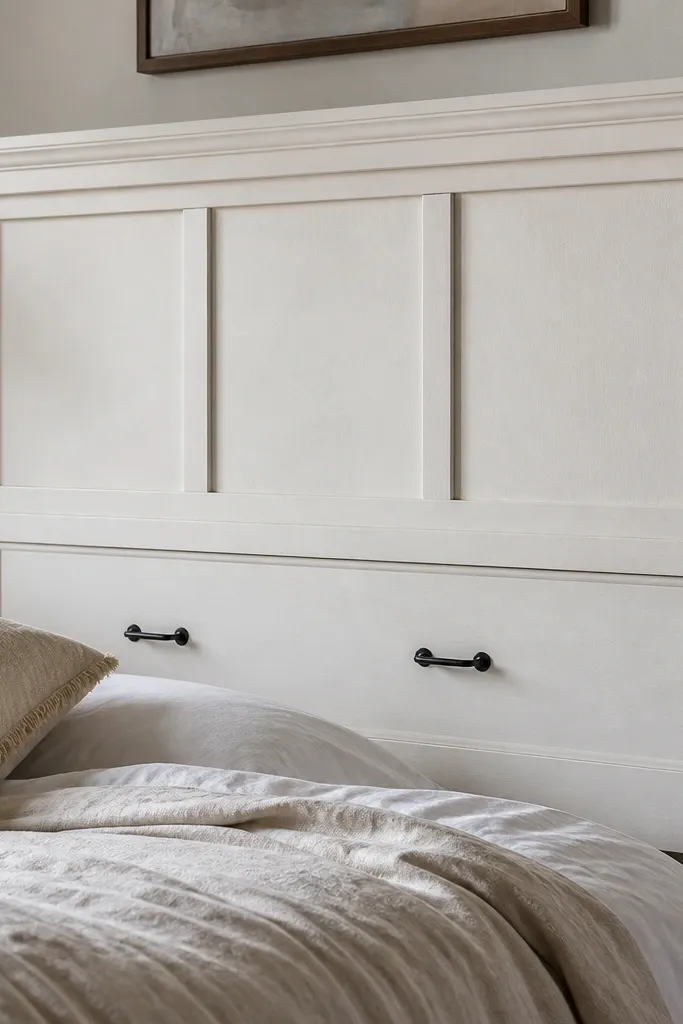 A farmhouse headboard painted warm white with crisp shaker panels. The outer frame is thicker and has simple stepped molding. Two small matte black cabinet pulls sit centered on the lower panel, and the paint finish is matte with tiny brush texture.