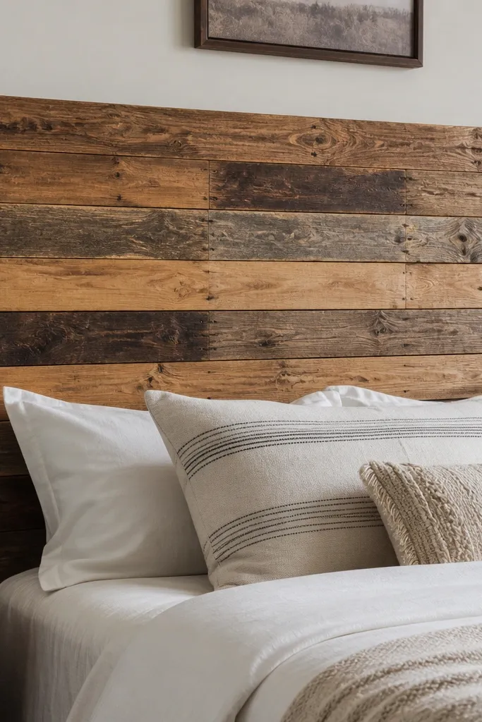A headboard made from reclaimed pallet wood slats arranged horizontally, with a diagonal brace board across the back. The front shows uneven wood tones from the pallet, and the top edge is slightly rounded. The mounting hardware is hidden behind the brace.