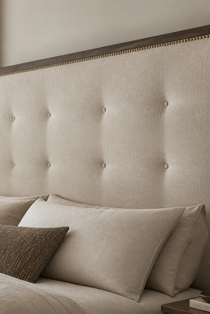 A tall headboard covered in light beige linen fabric, with subtle tufting buttons. A thin row of small brass nailheads lines the perimeter and a few button points. The edges are framed with a simple dark wood border, and the fabric looks matte and soft.