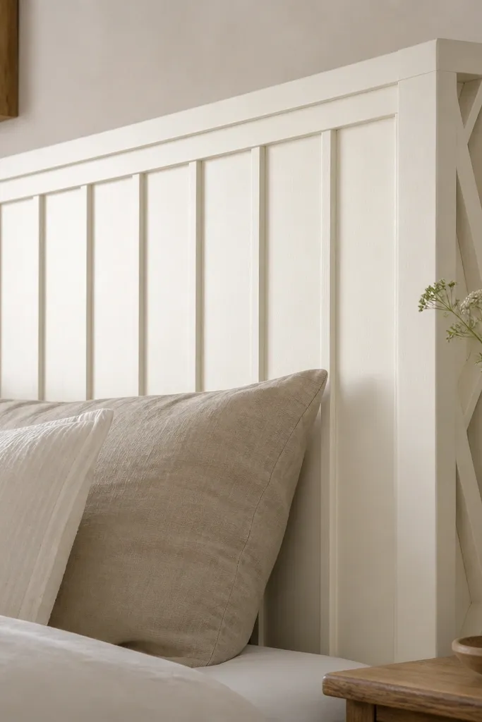 A farmhouse headboard with vertical board-and-batten stripes painted creamy off-white. The battens are evenly spaced, and the outer frame is slightly thicker. The back is reinforced with an X brace pattern visible near the top when viewed from the side.
