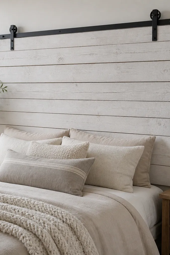 A tall headboard made from horizontal slats painted whitewash with visible wood grain. A black metal track and small rollers sit at the top like a barn door, but the headboard is fixed in place. There's a faux "door" handle detail in matte black.