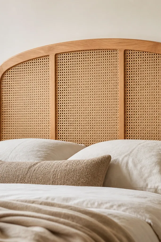 A headboard with a light wood frame and woven cane panels in the center sections. The cane pattern is visible and airy, with a warm honey wood finish around it. The corners are rounded and the overall shape is slightly arched at the top.