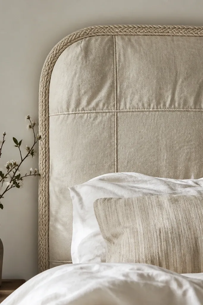 A headboard covered in heavy off-white drop cloth with visible stitching in a grid pattern. Thick braided rope trim runs along the edges, and the top has a slightly rounded profile. The fabric looks hand-made with soft wrinkles around the seams.