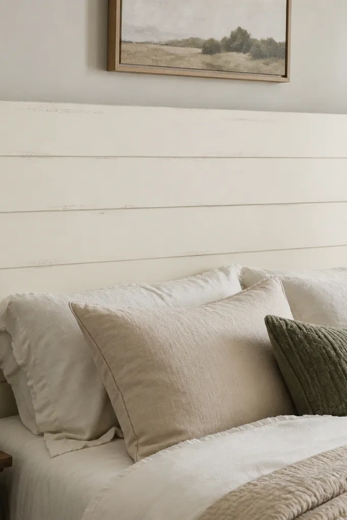 A headboard painted warm white with fake shiplap lines. The "boards" are defined by shallow grooves scored into MDF, and the edges have a slightly distressed look. There are two vertical rails on the sides in a darker stain.