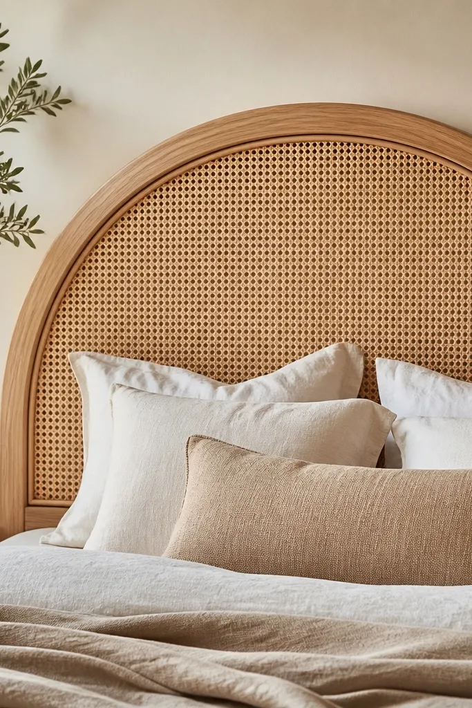 A headboard with an arched top and a rattan panel centered inside the arch. The frame is light stained wood with a simple profile, and the rattan pattern is prominent. The overall look is airy and soft with warm tones.
