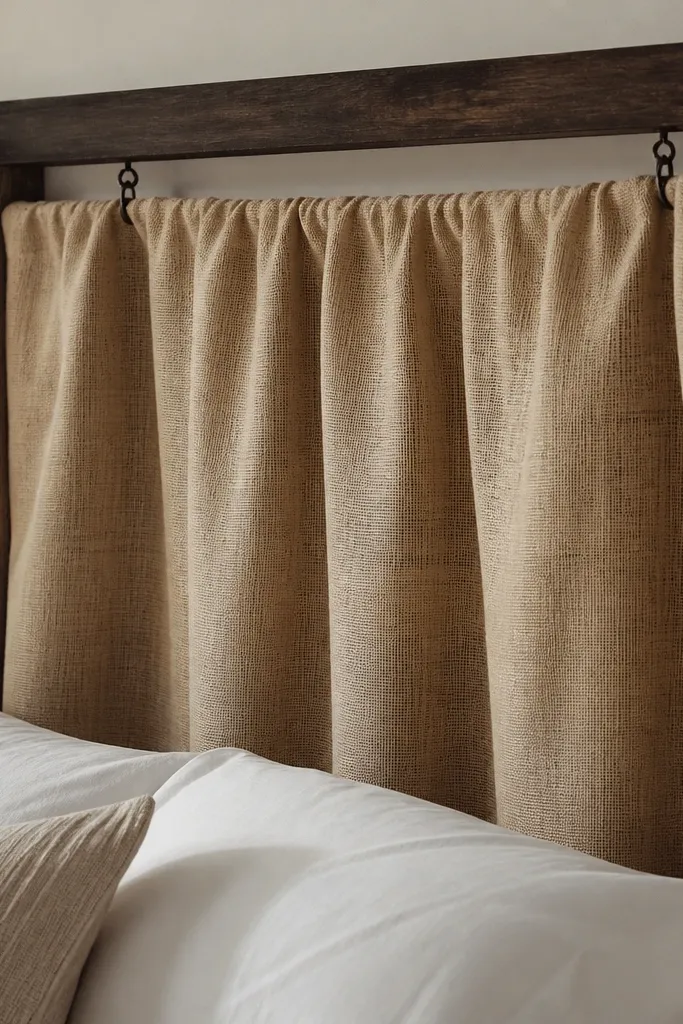 A headboard with a rough wood frame and a curtain-like burlap panel in the center. The burlap is gathered slightly at the top and falls in soft folds. A dark stained top rail and two small hooks hold the fabric in place.