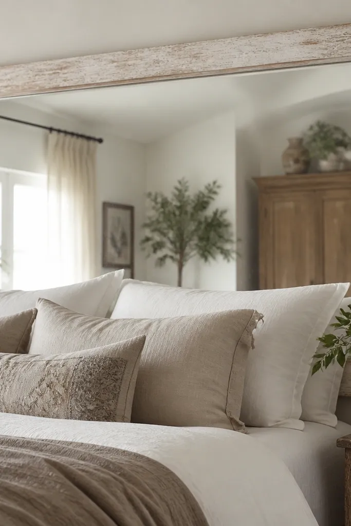 A headboard that looks like a large wall mirror framed in distressed wood. The center reflects the room, with a warm whitewashed frame around it. Small black brackets hold it to the wall behind the bed.