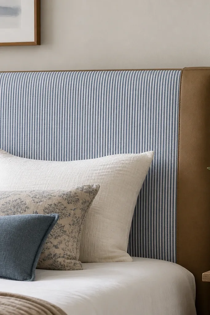 A headboard with a center panel in ticking stripe fabric, framed by faux leather-look panels on the sides. The ticking looks blue-and-white, with stitched seams and a clean matte finish. The corners are wrapped neatly around a wood frame.