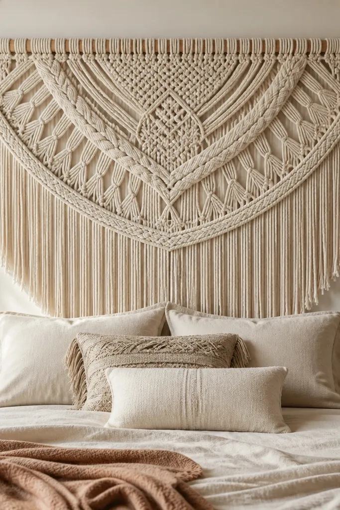 A large macramé wall hanging arranged like a headboard, with thick braided cords and a layered pattern. It's hung straight above the bed, with a wooden dowel across the top and a fringe bottom. The cords are natural cream color.