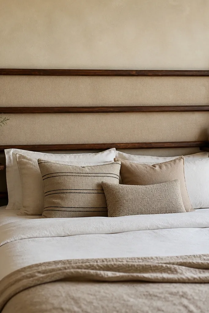 A headboard made from a small wooden ladder style frame, with horizontal rungs across the bed width. The ladder is dark stained, and the center behind the rungs is covered with a beige fabric panel. A couple of small shelves sit on the sides.
