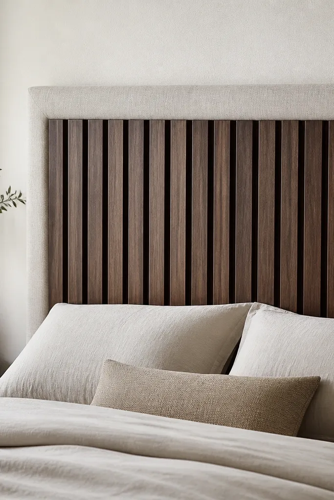 A headboard with dark walnut stained vertical slats and a soft linen border that wraps around the top and sides. The slats are evenly spaced, and the linen has a slightly textured weave. The top edge is straight and the mounting is hidden.