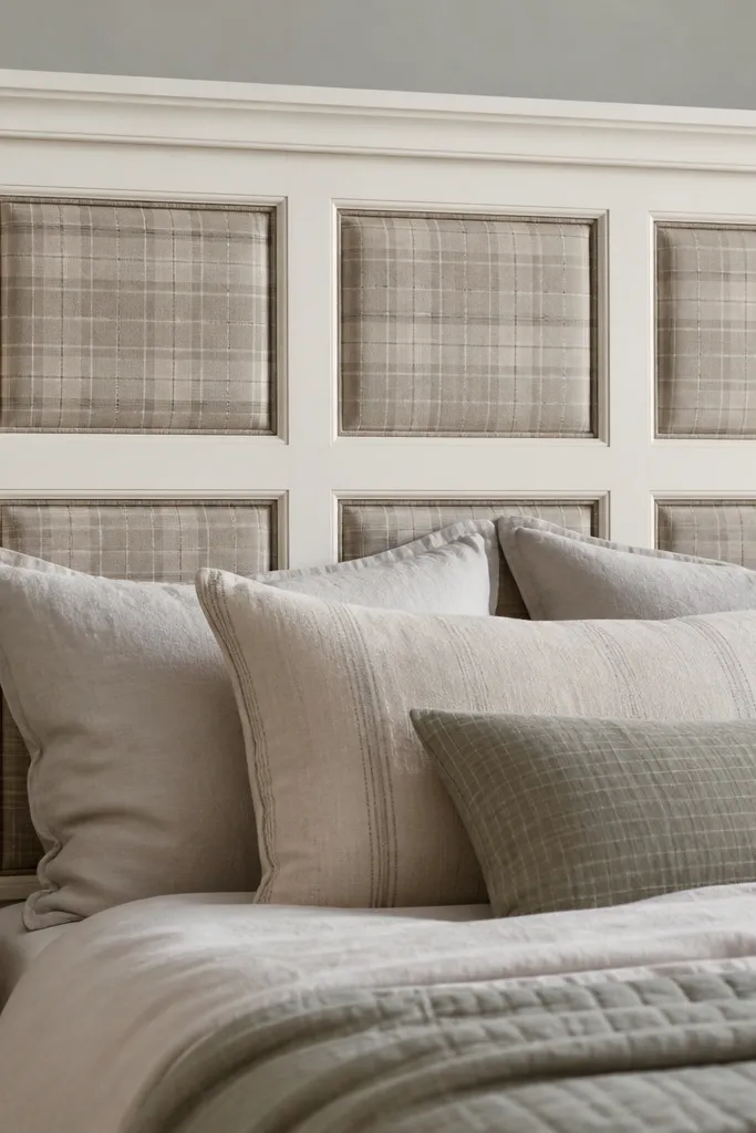 A grid-style headboard built like large picture frames, with fabric panels in each section. The frame is painted off-white, and the fabric inserts are muted plaid or check. The corners have simple wood trim and the top rail is thicker.