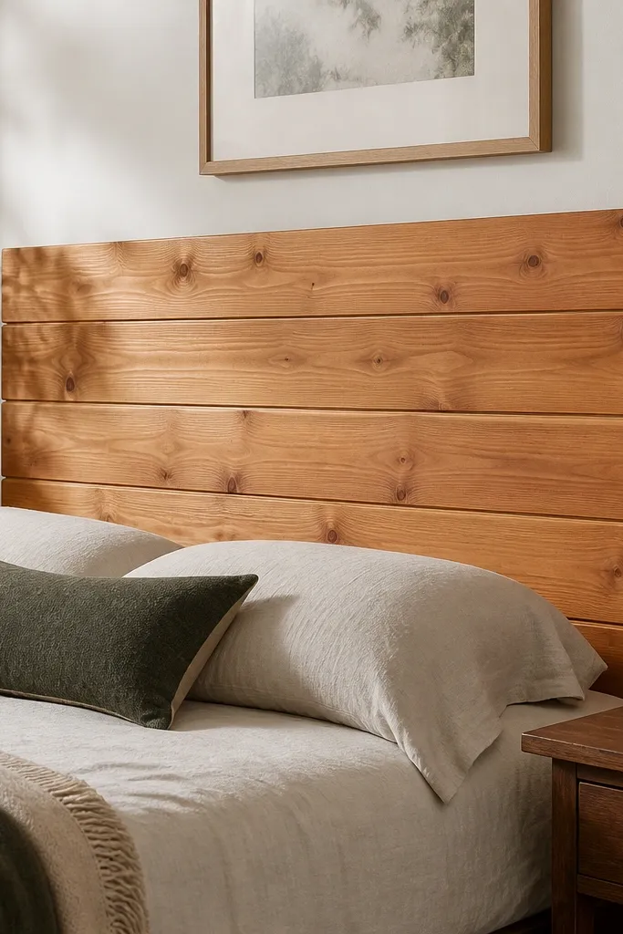 A headboard made from cedar planks arranged horizontally, with shallow grooves between planks like shiplap. The wood is left warm and natural with a light protective finish. Small metal brackets are visible at the back edges.