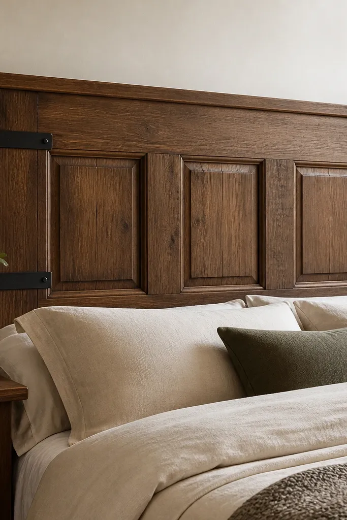 A headboard made from a reclaimed door panel, trimmed to bed width. The center has raised panels, and the wood is stained a medium walnut. Black iron strap pieces cross lightly across the back edges, and the top has a simple rail.