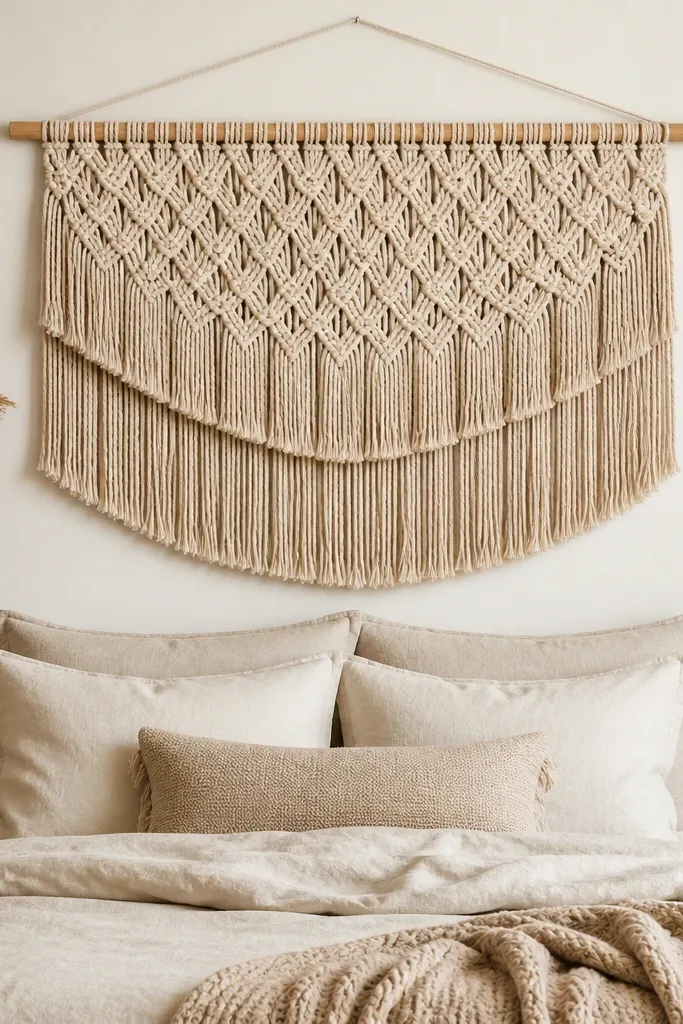 A macramé headboard with a wooden dowel at the top and two fringe layers that create a thicker, fuller look. The cords are natural cream and slightly tan, with knots forming a repeating diamond pattern. The hanging piece is centered above the bed.