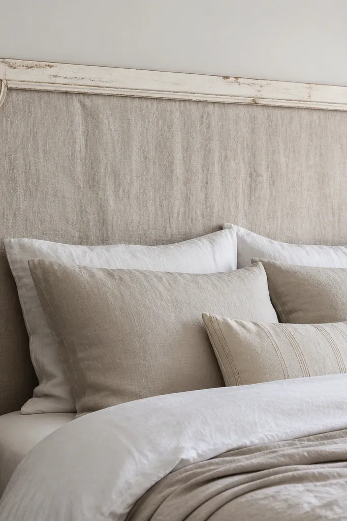 A headboard with a central linen fabric panel framed by reclaimed window trim pieces. The trim has curved corners and thin profiles, painted off-white with distressed edges. The linen looks slightly wrinkled and soft, and the overall shape is rectangular with decorative molding.